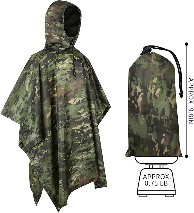 GRVCN Military Rain Poncho, Camouflage Raincoat Outdoor Waterproof Lightweight