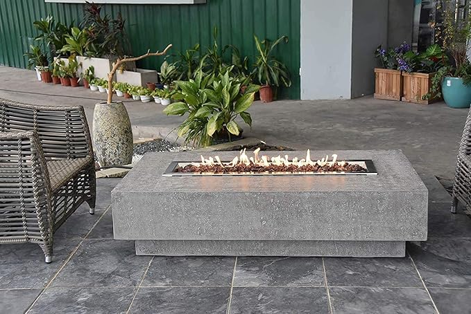 Elementi | Hampton Gas Fire Pit Cast Concrete 56" Rectangular Fire Table, Outdoor Fire Pit Electronic Ignition | Canvas Cover, Lava Rock Included | Light Gray (Natural Gas)