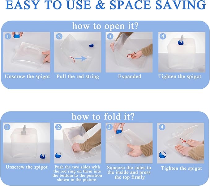 Collapsible Water Container with Spigot & Hook, BPA Free Water Jug, Foldable Carrier Bucket, Water Storage Container for Camping Hiking Survival Kit, 2-Pack (10L/2.6 Gallon)