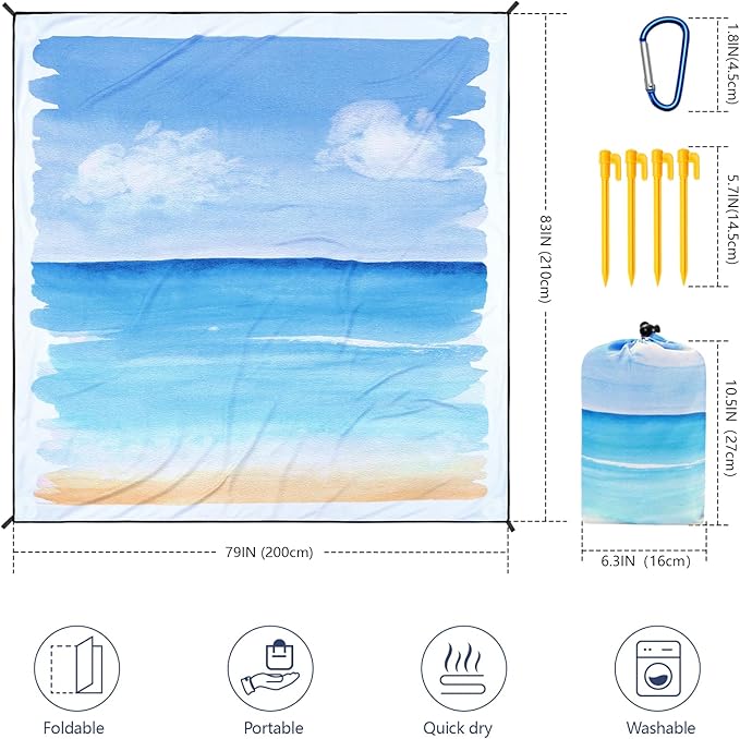 Beach Blanket Waterproof Sandproof Beach Mat 79" X 83"/10'x9'for 2-8 Adults Quick Drying Outdoor Picnic Mat Beach Accessories for Travel, Camping, Hiking