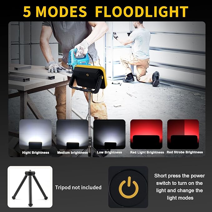 40W Rechargeable Work Light with Tripod Hole, 2400LM LED Work Light Battery Powered, Waterproof Portable Work Light Cordless Job Site Lighting 180° Rotate for Garage Camping Car Repairing 2 Pack