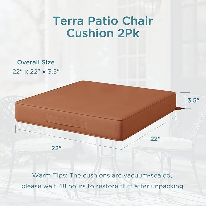 Codi Outdoor Seat Cushions for Patio Furniture 22x22 Inch, Waterproof Chair Cushion with Handles & Adjustable Straps, Fade Resistant - Set of 2, Spice