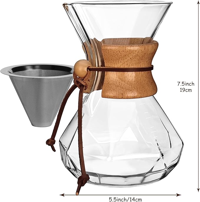 AGOGO Pour Over Coffee Maker Glass - 6/8/10 Cup Barista Kit with 304 Stainless Filter for Home, Office, Camping, Cafes - Easy Clean Coffee Dripper Set (Rag&Brush Included) (8 Cup/28 oz-Diamond Shape)
