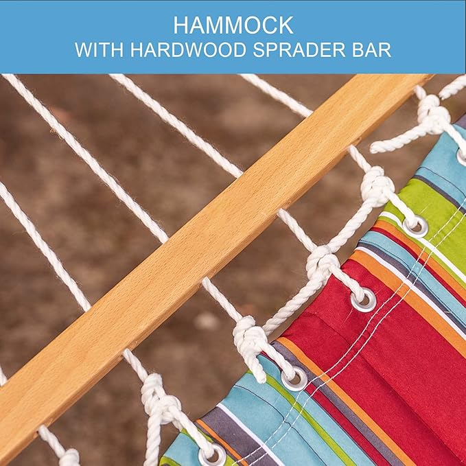 Lazy Daze Hammocks 12 FT Quilted Fabric Double Hammock with Spreader Bars and Detachable Pillow, 2 Person Hammock for Outdoor Patio Backyard Poolside, 450 LBS Weight Capacity, Blue&Red Stripes