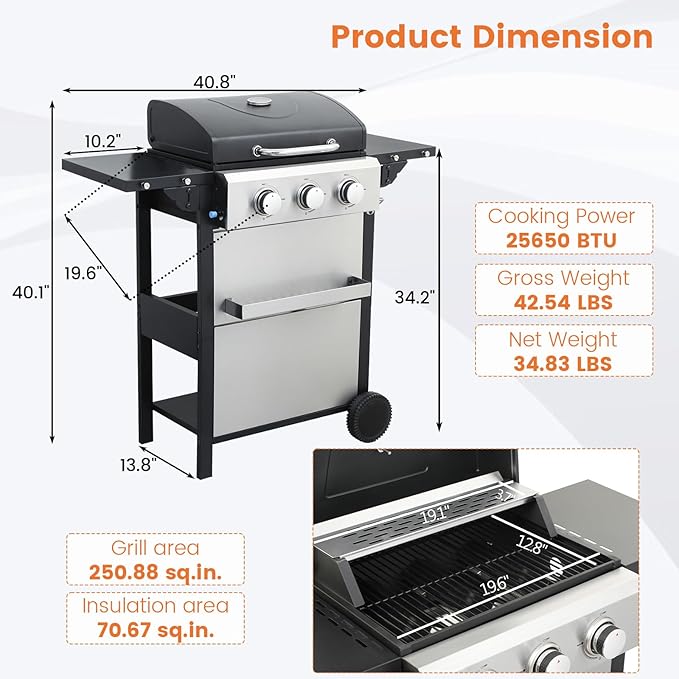 3-Burner Propane Gas BBQ Grill, 25650BTU Stainless Steel Barbecue Grill With Wire Enamel Cooking Grids, Foldable Side Table for Outdoor Camping (Style10 : 3 Burner)