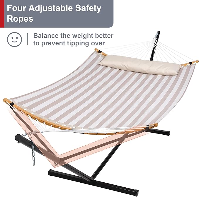 2 Person Hammock with Stand Included, Outdoor Quick Dry Hammock with Curved Spreader Bars, Pillow and Carrying Bag, 450 Lbs Capacity, Light Brown Stripe