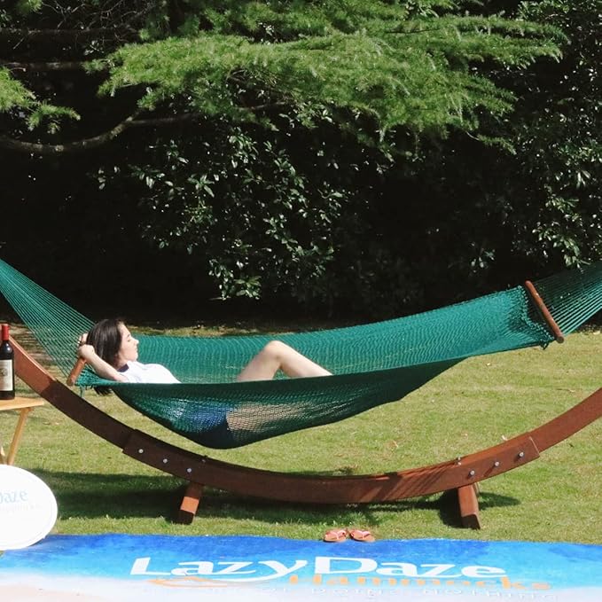 Lazy Daze Hammocks 10.5 FT Double 2 Person Caribbean Rope Hammock, Hand Woven Polyester Hammock with Spreader Bars, for Outside Outdoor Backyard Patio Poolside,450 LBS Capacity, Green