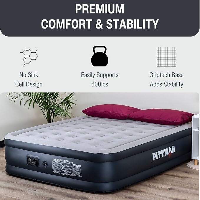 Pittman 18" Queen Air Mattress with Built in Pump - Comfort Series Queen Blow Up Mattress, Inflates & Deflates Fast, Easily Folds Away - Treat Your Guests to a Plush Luxury Air Bed