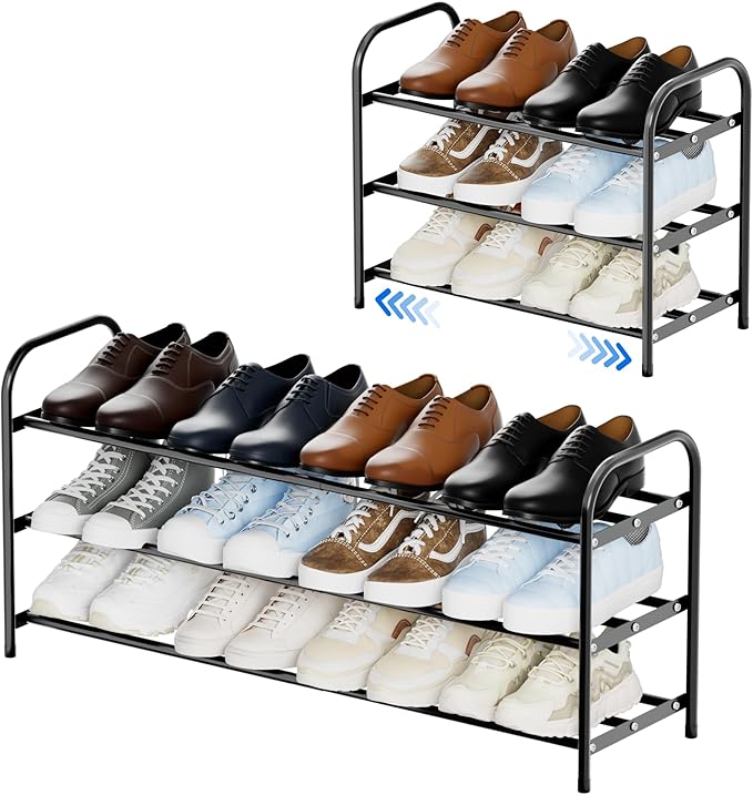 3-Tier Expandable Shoe Rack for Closet, Shoe Organizer,17”-31” Adjustable Shoe Rack,Suitable for Small Spaces,Small Front Door Wardrobe Shoe Stand,Sturdy Metal,Black