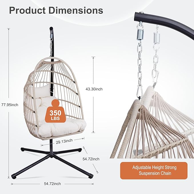 Foldable Hanging Egg Chair with Stand and Pillow, HDPE Rattan and Heavy Duty Aluminum-Steel Frame, Outdoor Patio Wicker Swing Egg Chair with Headrest and Cushioned, 350 Lbs Capacity (Beige)