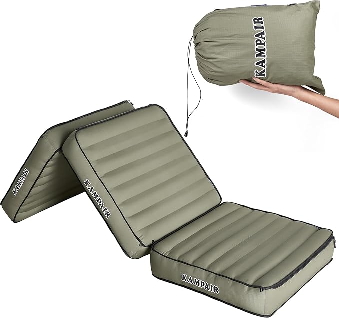 Detachable Tri Folding Sleeping Pad for Camping, Ultra-Thick 5.5 Inch Air Mattress, Quick Inflate, Zipper Design for Detachment, Machine Washable, Family Pad for Camping & Traveling, Green