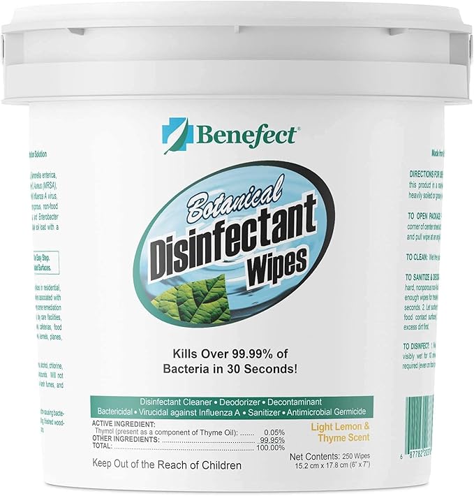 Benefect Botanical Disinfectant Wipes – 750 Sanitizing Wipes. 3 Pack of 250 Wipes Per Unit - High Traffic - Gym Wipes, Schools and Food Safe Cleaning (250, 3)