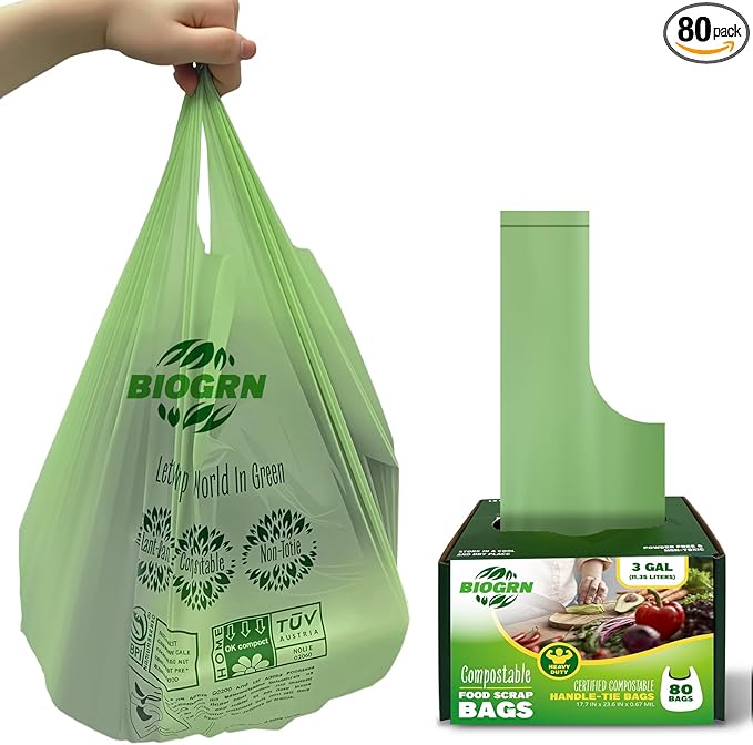 2.6-3 Gallon Compostable Trash Bags with Handles 80 Count 0.67 Mil 11.36 L Small Kitchen Food Scrap Waste Compost Bag ASTM D6400 US BPI and OK Compost Home Certified