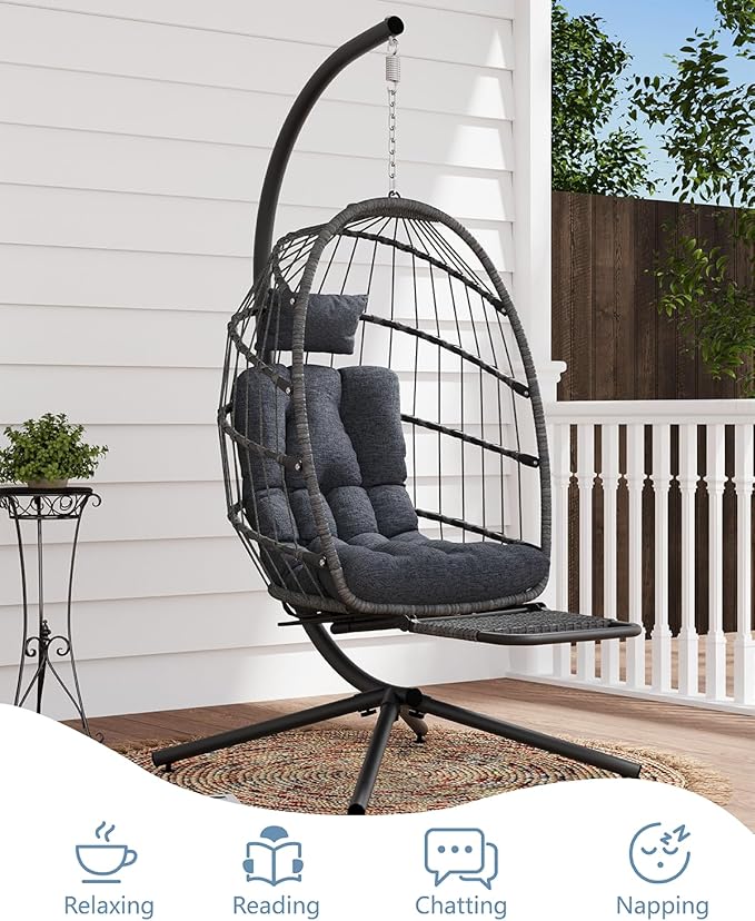 SWITTE Egg Chair Outdoor with Footrest & Stand, Indoor Wicker Hanging Egg Swing Chair with Cushion for Patio, Bedroom, Garden - Dark Gray