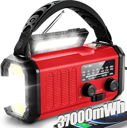 Emergency Weather Radio,37000mWh Portable NOAA/AM/FM Crank Radio, Reading Light, Solar Radio, SOS Emergency Flashlight, Multiple Power Sources,for Hurricanes and Emergencies