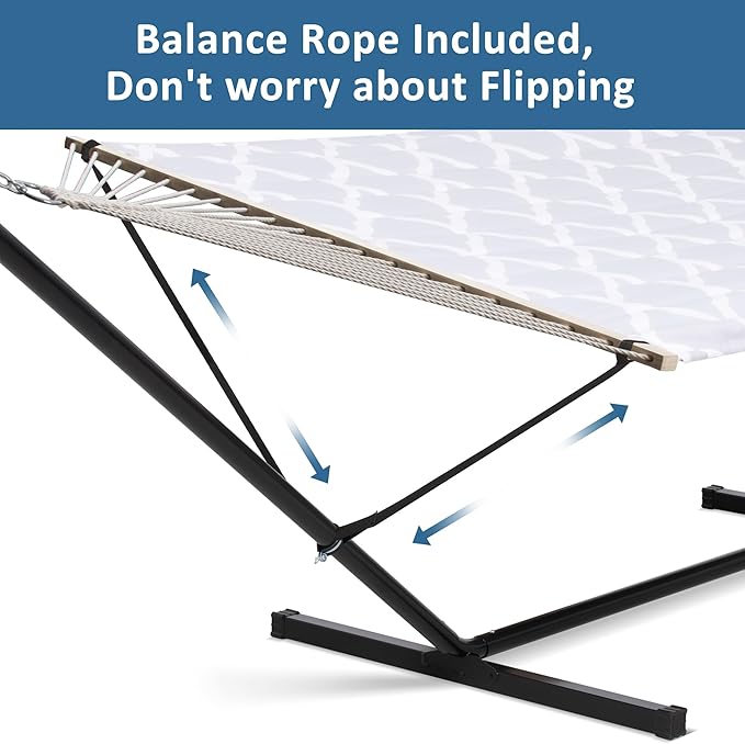 SUNCREAT Double Hammock, Extra Large Quilted Fabric Swing with Hardwood Spreader Bars & Detachable Pillow, Heavy Duty, Perfect for Indoor/Outdoor Patio, Deck, Yard, Gray Cloud