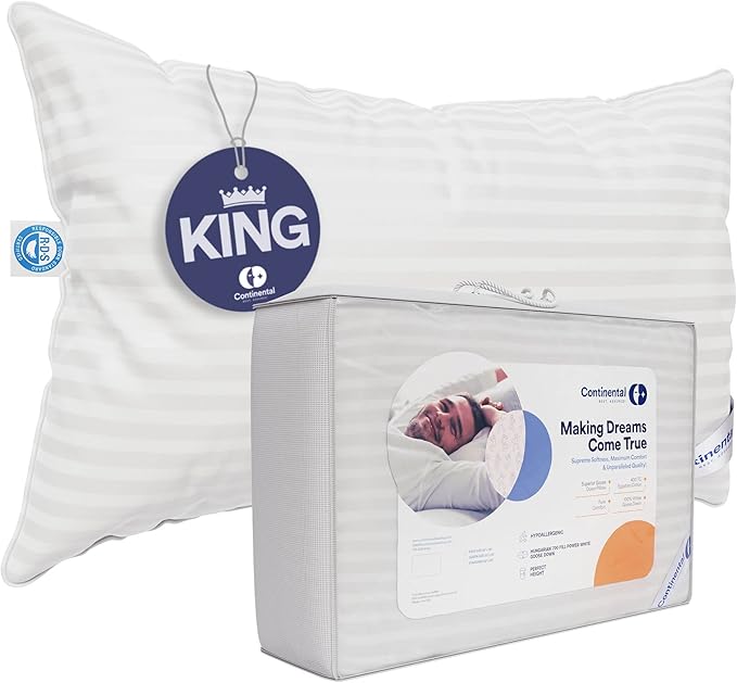 Continental Bedding Luxury Down Pillows King Size Pack of 1 - Family Made in New York - Cool Breathable Bed Pillows for Sleeping, Back, Side, Stomach Sleepers – 700 FP, Medium