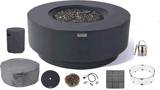 Elementi+ | Bundle Nimes Gas Fire Pit Cast Concrete 40" Dia. Round Fire Table, Outdoor Fire Pit Electronic Ignition | Canvas Cover, Fire Glass and Burner Lid Included | Dark Gray | Propane Gas