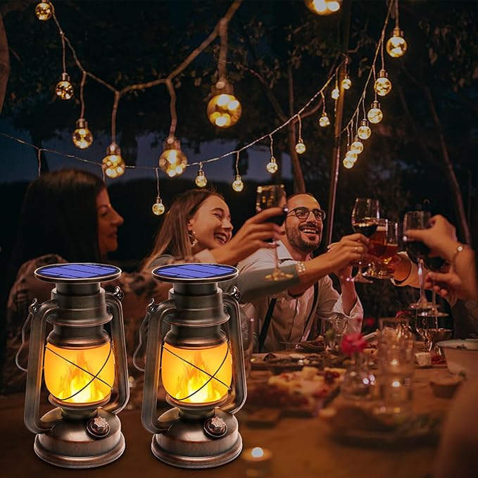 Richday Solar Lantern Outdoor Hanging, LED Vintage Flame Lantern,Solar Lights Dancing Flame,Waterproof Camping Lamps,Outdoor Indoor Decoration for for Table Patio Garden Yard Pathway Porch 2 Pack (2)
