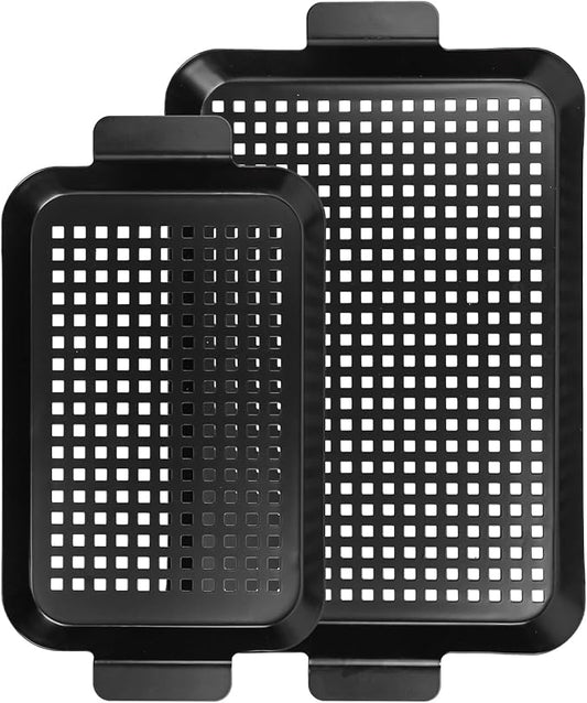 Grill pan, 2 Grilling Tray - Outdoor Grilling Baskets with Hole, 3.0 pounds Good BBQ Grill Set for Camping Vegetable Meat (Black)