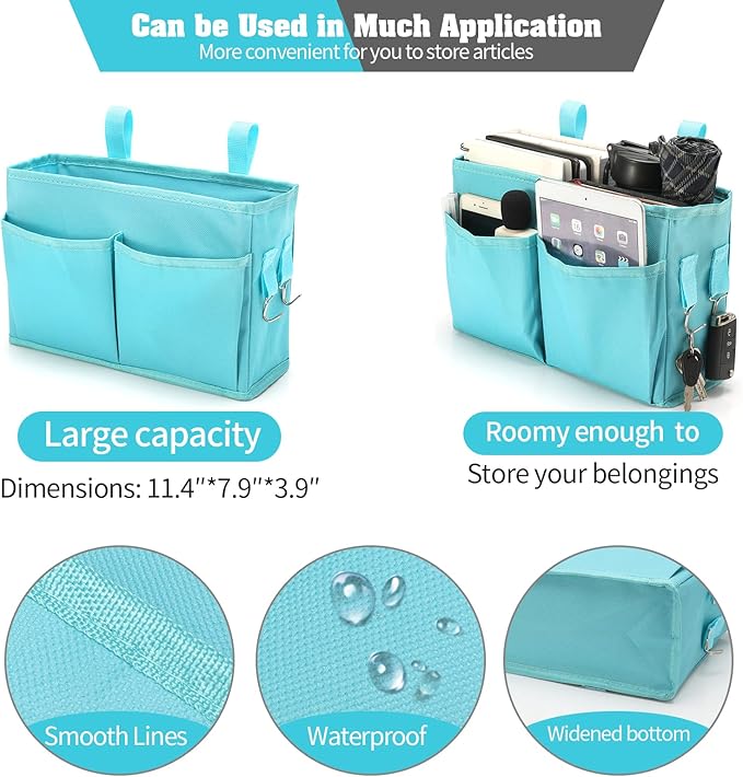 Bunk Bed Organizer, Bedside Caddy Hanging Bed Organizer Storage Bag with 4 Pockets and 2 Hooks, for College Dorm Rooms Bed, Hospital Bed, Baby Bed Rails, 600D Oxford Cloth (Light Blue)