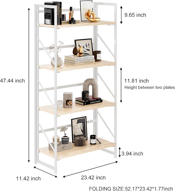 JSB No Assembly Folding Bookshelf, 4 Tier Industrial Metal Book Shelf for Storage, Vintage Wood Foldable Bookcase for Living Room, Bedroom, Office Organization Shelves