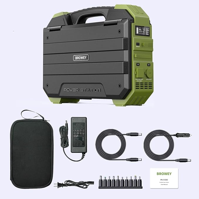 BROWEY Portable Power Station, 1000W Solar Generator with Built-in Solar Panel, 614WH/192000mAh LiFePO4 Battery Pack, AC/DC/USB/PD Outputs, for Outdoor Camping, RV Travel, Emergency Preparedness
