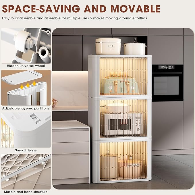 Closet Mounted Storage and Organization Systems Storage Bins with Lids and Rolling Doors Stackable Plastic Pantry Cabinet Cupboard Storage Cabinet with Sliding Door Wheels White，Large