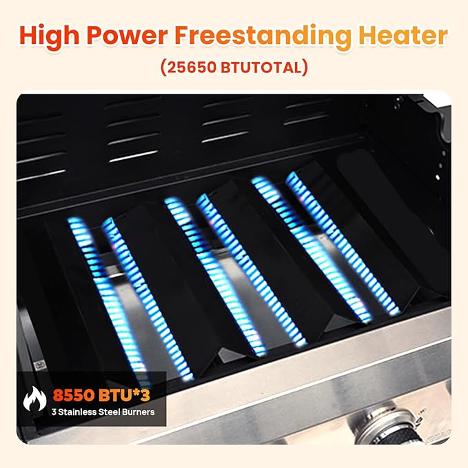 3-Burner Propane Gas BBQ Grill with Porcelain-Enameled Cast Iron Grates and 2 Foldable Side Table, 25,650 BTU Stainless Steel Grill for Outdoor Camping Barbecue Grilling Backyard Cooking - Silver