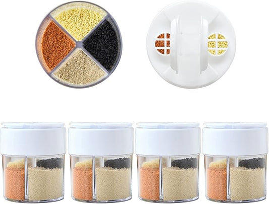 4-Pack 4 in 1 Salt and Pepper Shaker Jars Bottles, 4-Grid Flip Lid Spice Jars - Cylindrical Empty Plastic Seasoning Containers with Transparent Body for Travel Camping BBQ Kitchen Cooking (White)