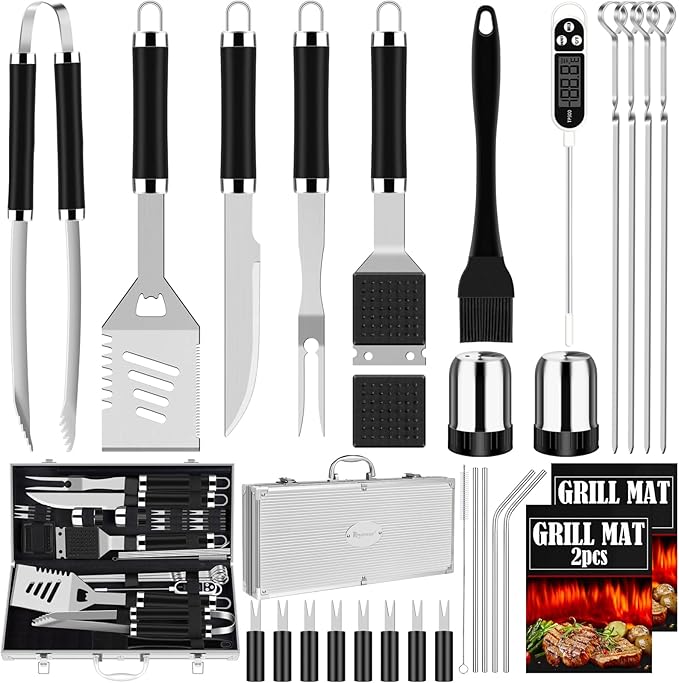 ROMANTICIST 30pcs BBQ Grill Tool Set for Men Dad, Heavy Duty Stainless Steel Grill Utensils Set, Non-Slip Grilling Accessories Kit with Thermometer, Mats in Aluminum Case for Fathers Day Black