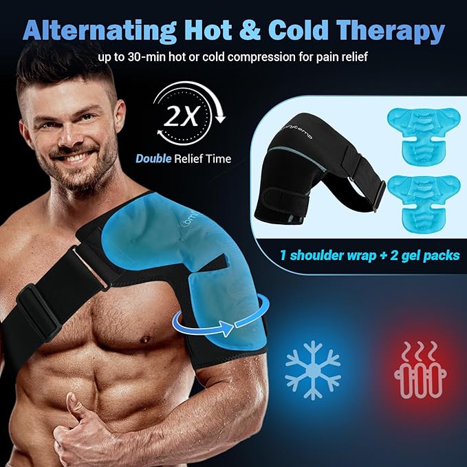Comfytemp Shoulder Ice Pack Wrap, 2 Gel Packs+1 Shoulder Brace, Ice Sleeve for Injuries Reusable, Physical Therapy Cold Compression for Arm Rotator Cuff Pain Relief, Surgery Recovery