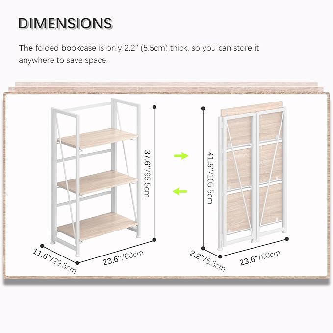 4NM No-Assembly Folding Bookshelf Storage Shelves 3 Tiers Vintage Bookcase Standing Racks Study Organizer Home Office (Natural White)