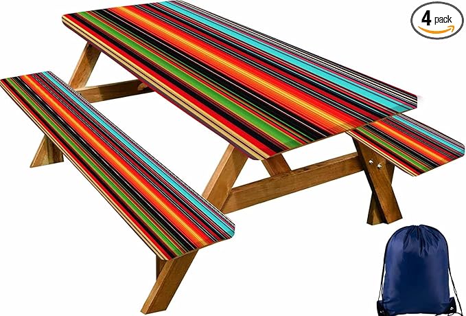 CAPSCEOLL Elastic Picnic Table Cover with Bench Covers 5Ft Waterproof Fitted Picnic Table Cover Cloths for Outdoors Camping Tablecloth with Drawstring Bag, 60X30in, Colorful Stripes