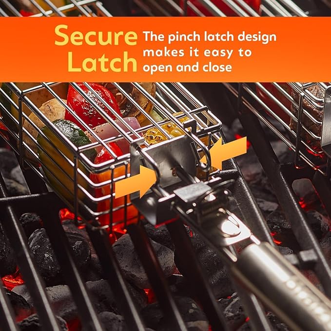 Kabob Grilling Baskets – Set of 3 Stainless Steel BBQ Baskets (12" x 2" x 2") with Removable Handle and Latching Lid – Great for Grilling Vegetables or Meat Over Campfires and Outdoor Grills