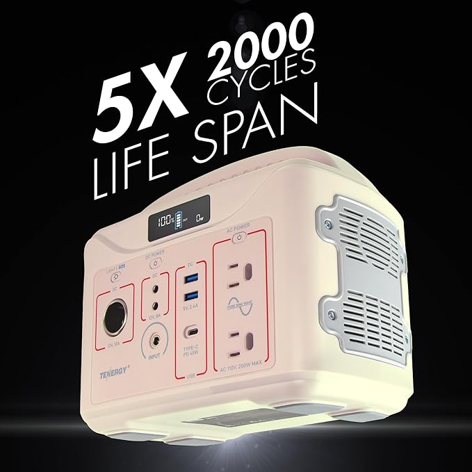 Tenergy T320 Portable Power Station, 300Wh Battery, 110V/200W (Surge 400W) Two Pure Sine Wave AC outputs, USB type C PD 45W, Mobile Power for Outdoors, RV, Hunting, Emergency Backup, Sandy Coral