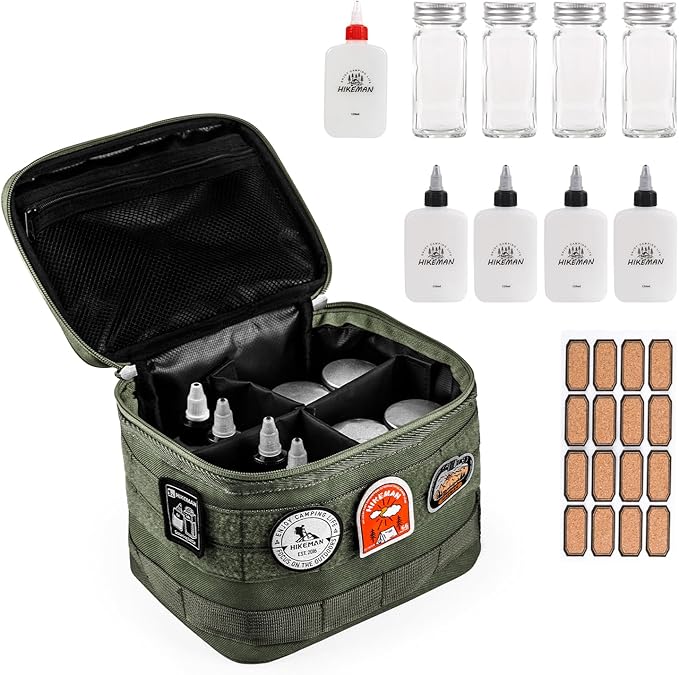 HIKEMAN Camping Portable Spice Set with 9 Spice Containers Pepper & Salt Spice Shakers, Separable Storage Bag for Outdoor Travel Camping BBQ Picnic (Army Green)