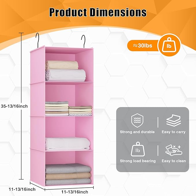 Hanging Closet Organizer, Easy Mount Foldable 4-Shelf Hanging Closet Wardrobe Storage Shelves, Clothes Handbag Shoes Accessories Storage, Washable Oxford Cloth Fabric, Pink