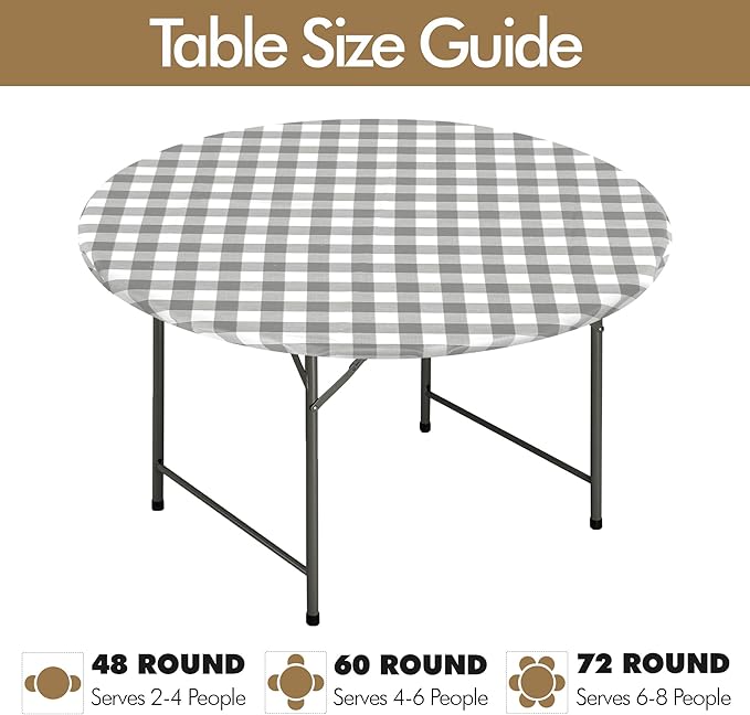 Fitable Round Vinyl Fitted Table Cover - 2 Pack Waterproof Checkered Elastic Edged Tablecloth Flannel Backed Table Cloth for Picnic Party, Silver/White (Fit for 45"-56" Round Tables)