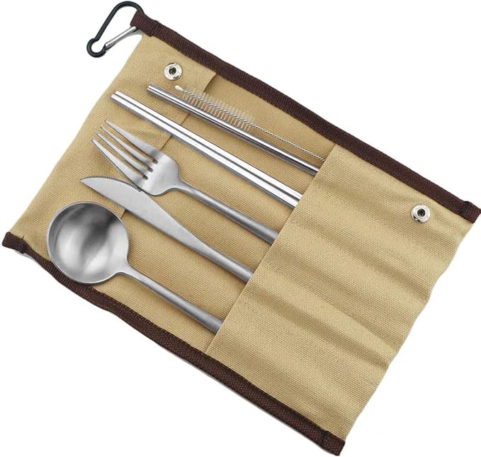 Gugrida Reusable Travel Utensils, 7 Pieces Portable 18/10 Stainless Steel include Knife Fork Spoon Chopsticks Cleaning Brush Straws Portable Pouch, Eco-friendly Camping Silverware Set, Dishwasher Safe