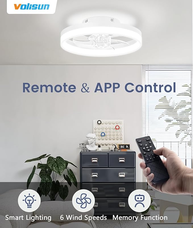 VOLISUN 13 inch Small Ceiling Fans with Lights and Remote, Low Profile Ceiling Fans with Light, 3000K-6500K Dimmable LED Ceiling Light Flush Mount, Bladeless Fandelier Ceiling Fan (White)