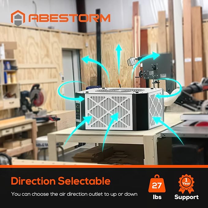 ABESTORM Air Filtration System Woodworking Built-in Ionizer, 1350CFM Hanging Air Filter with Strong Vortex Fan, 360 Degree Intake, Shop Dust Collector for Woodworking, Garage WorkShop, DecDust 1350IG