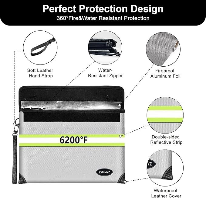 6200°F Upgraded Fireproof Document Bag with Waterproof Zipper,9 Layers of Heat Insulated Materials,Fireproof Money Bag for Cash,Valuables and Important Documents（Not Suitable for A4 Files）