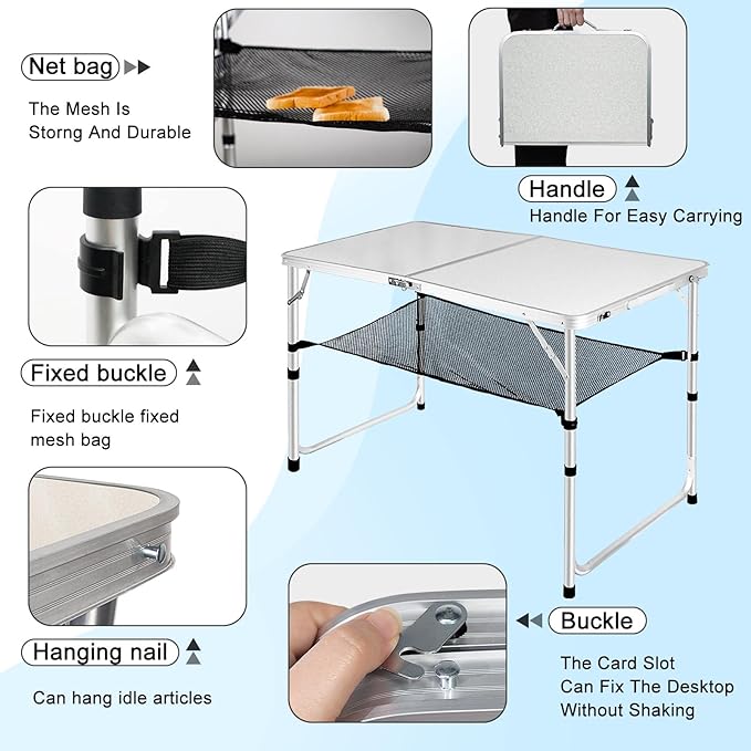 Adjustable Height Portable Camping Table - 4ft Folding Beach Table with Net Mesh, White Metal for Patio BBQ, Backpacking