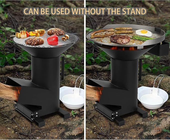 3-in-1 Camp Rocket Stove Kit with BBQ Grate, Griddle, Pot Rack, Portable Wood Burning Stove with Detachable Stand, Camping Gear for Outdoor Cooking Patio Barbecue RV Tailgating, GS345