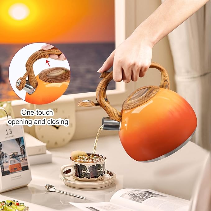 GGC Tea Kettle for Stove Top, 3.1QT/3L Whistling Tea Kettles for Boiling Water, Coffee or Milk, Red Sunset Tea Pot with Wood Pattern Handle, Stainless Steel Tea Pot for Home and Kitchen