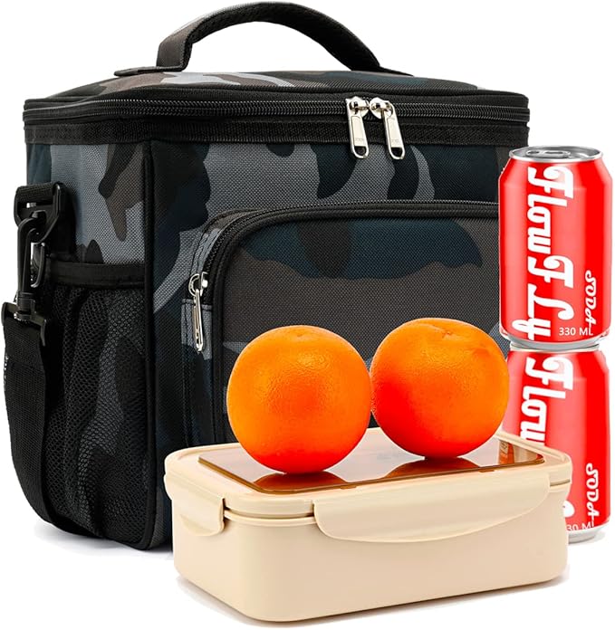 FlowFly Insulated Reusable Lunch Bag Adult Large Lunch Box for Women and Men with Adjustable Shoulder Strap,Front Zipper Pocket and Dual Large Mesh Side Pockets,BlackCamo