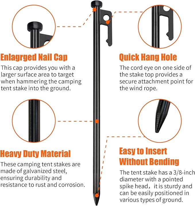 Eurmax USA 10 inch Multiuse Heavy Duty Steel Tent Stakes Tarp Pegs Camping Stakes for Outdoor Camping Canopy and tarp with 4 Ropes 10FT Length,8pcs(Black)