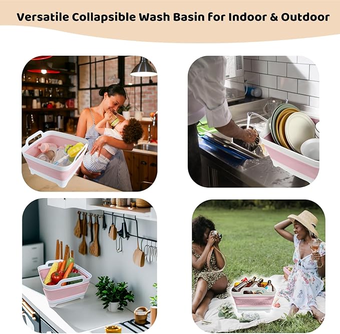 Collapsible Wash Basin for Baby Bottles - 2.4 Gallons Portable Wash Bin for RV Camping Sink, Space-Saving Dish Tub (Pink)
