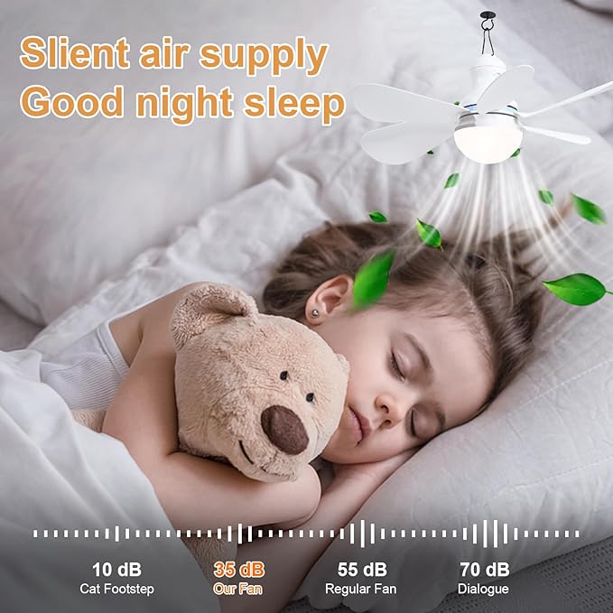 Portable Ceiling Fan with LED Light, Mini DC 5V USB Tent Fans for RV, 16.5Inch Small USB Ceiling Fan Hanging Camping Tent Gazebo Bed Dormitory, On/Off Button Switch, Detachable Blades